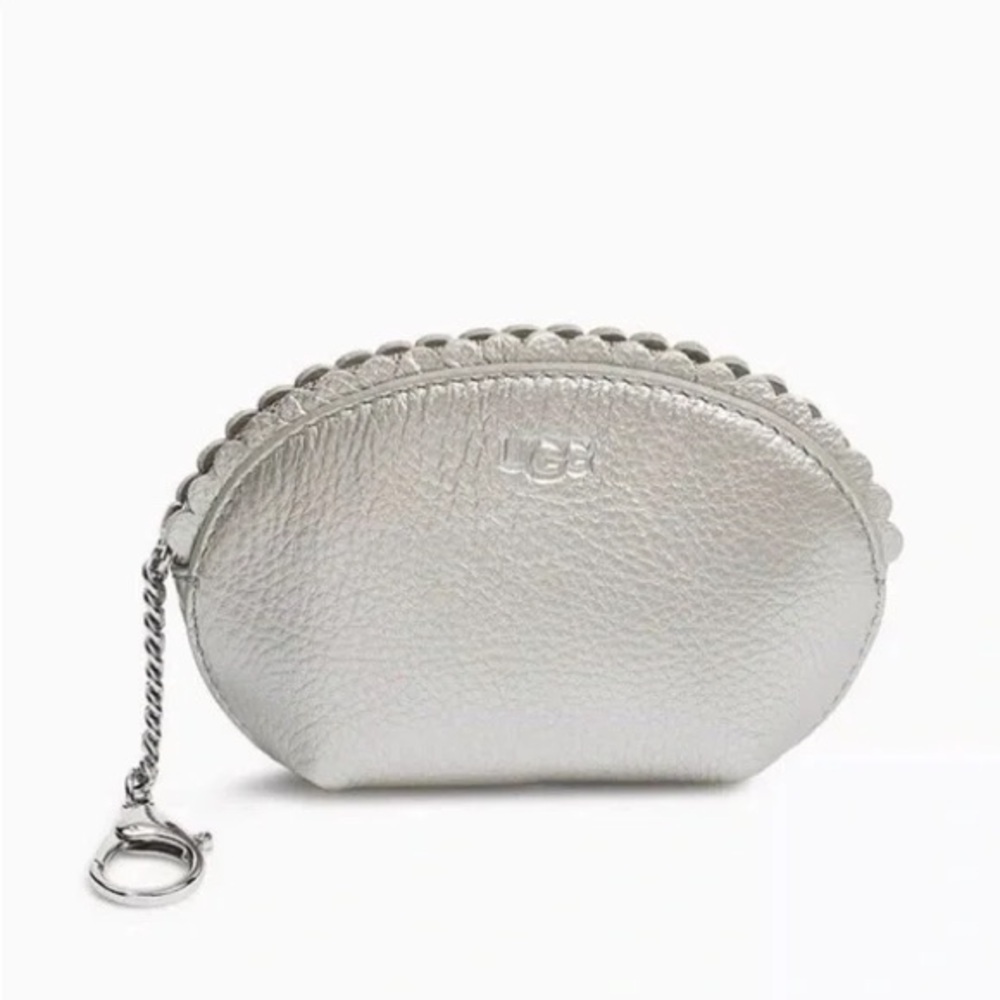 UGG Metallic Silver Leather Clam Shell Keychain Coin Pouch Bag Charm